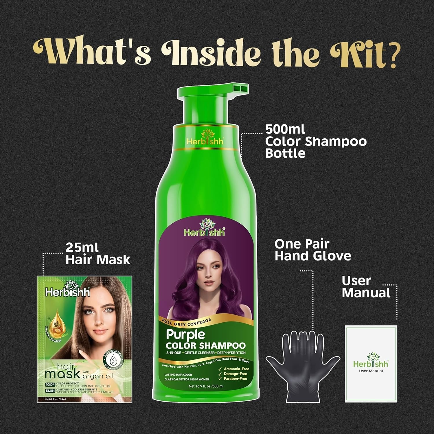 Herbishh Hair Color Shampoo Gray Hair 3-in-1 Ammonia-Free 500ml All Shades