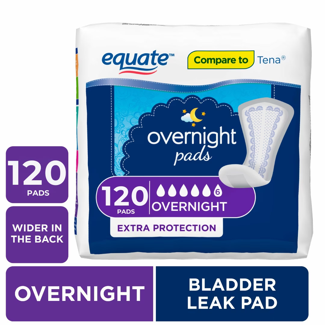 Equate Options Women’s Incontinence Pads, Unscented, Overnight (120 Count)