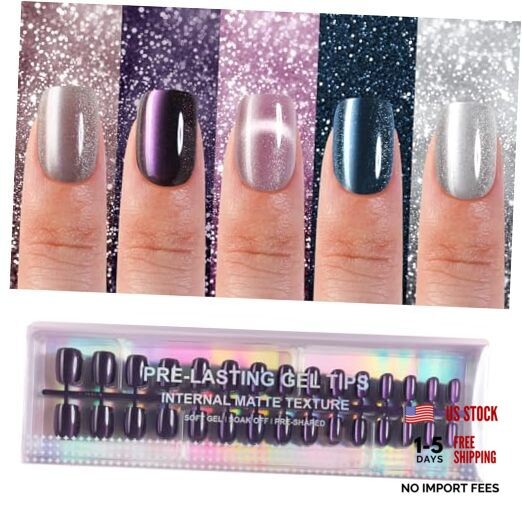 150Pcs Cat Eye Press on Nails Short Square, Plauva Soft Cat Eye-2 Short Square