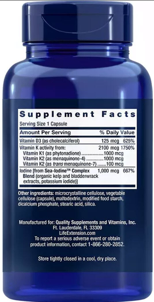 VITAMINS D and K with SEA IODINE BONE THYROID ARTERIAL 180 Caps LIFE EXTENSION