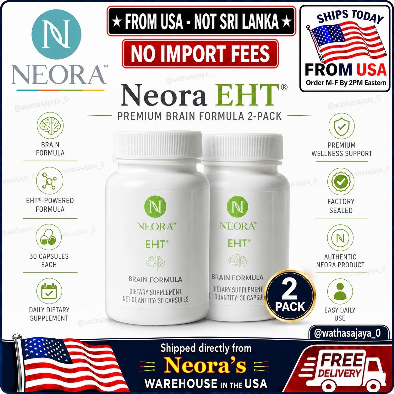 Neora EHT Brain Formula 30 Capsules Focus Memory Support 2 Pack NEW🚚From USA🚚