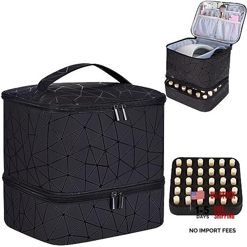 CTWWFS PU Leather Nail Polish Organizer and Nail Lamp Case, Nail Kit A-Black