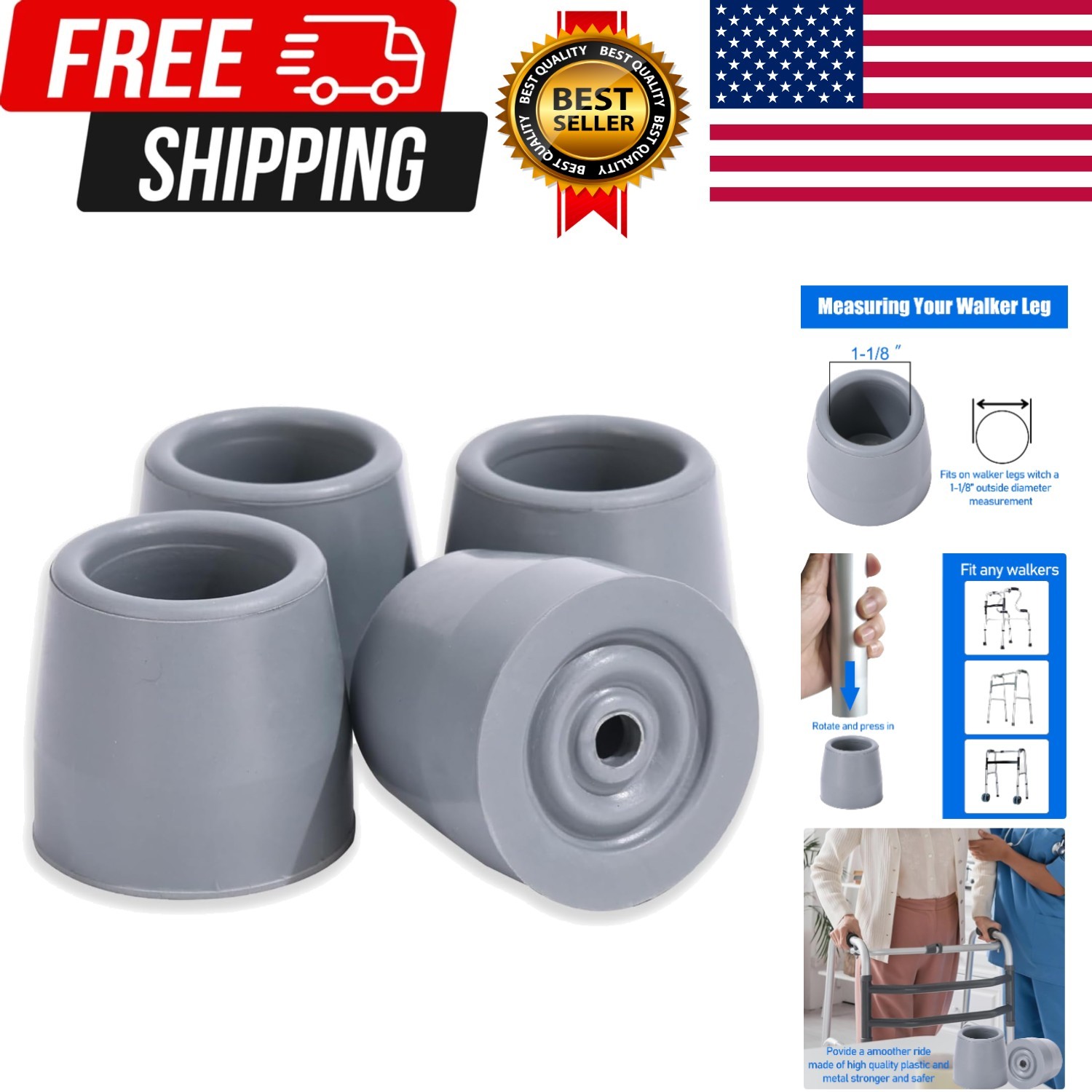 4 Rubber Walker Tips 1 1/8 Inch Heavy Duty Replacement New