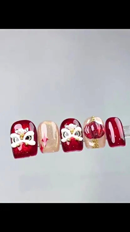 Press-On Nails Long Square Full Cover Hello Kitty Heart Red Nude Glitter 3D