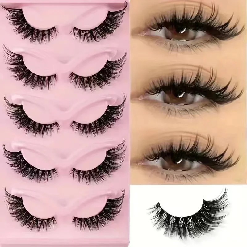 5 Pairs Cat Eye False Eyelashes – Faux Mink Elongated Wispy Lashes