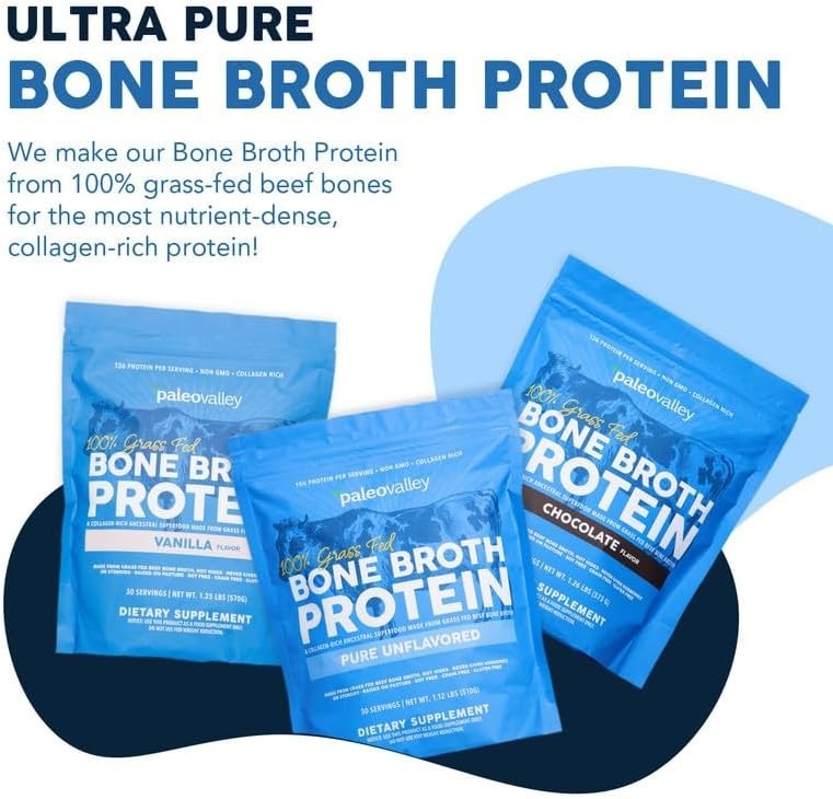 Paleovalley Bone Broth Protein Powder, 100% Grass-Fed, Vanilla, Collagen Rich An