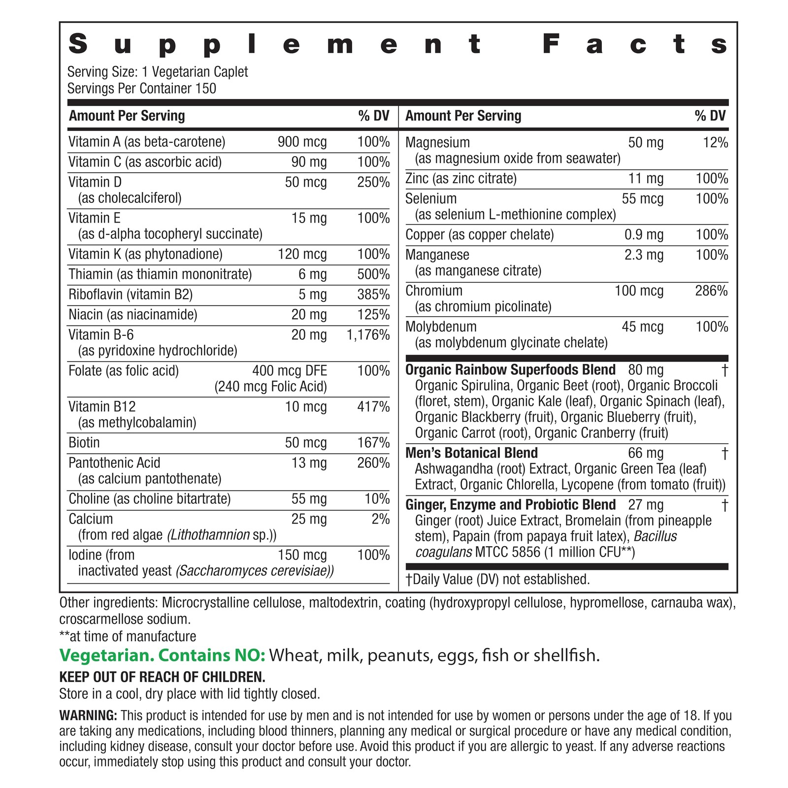 Mens One High Potency Daily Multivitamin, Vegetarian, 150 ct., Package May Vary