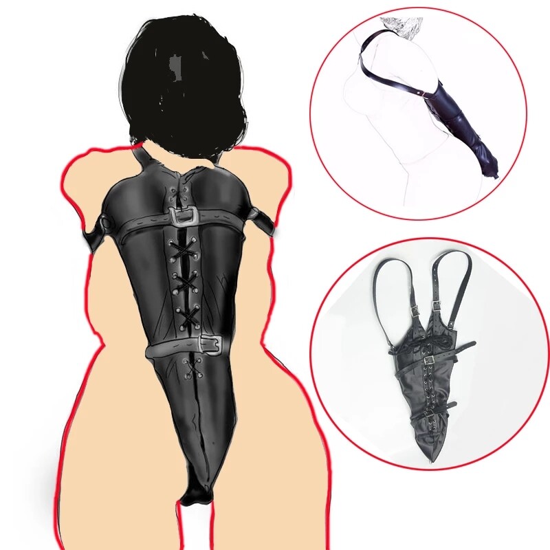 Full Sleeve Armbinder PU Leather Straitjacket Binding Glove Lace&Buckle Tie Up