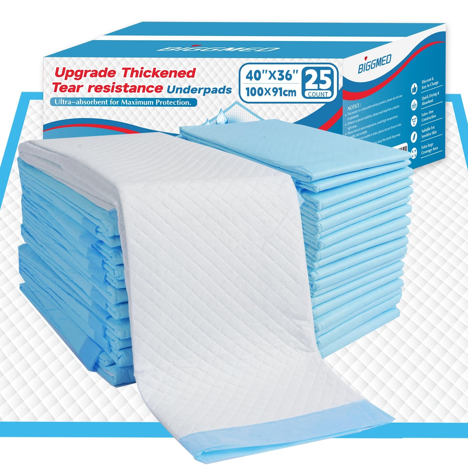 40×36 Inch Extra Large Underpads 100% Latex Free 130 Gram Heavy Duty (25 Count)