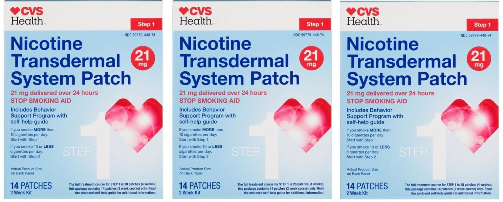Nicotine Transdermal System Patch step 1, 21mg, 14 patches, 3 boxes Exp 04/2027