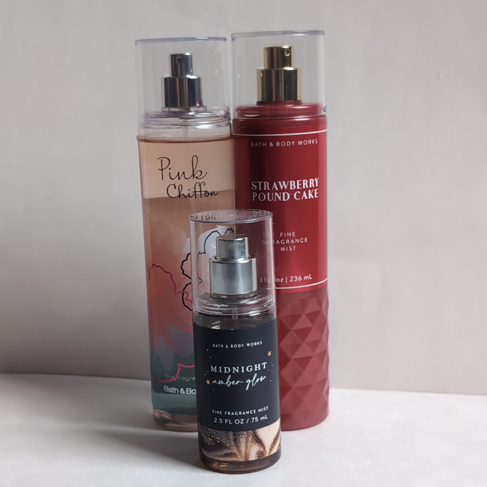 Bath & Body Works Pink Chiffon, Strawberry Poundcake, Midnight Amber Glow mists
