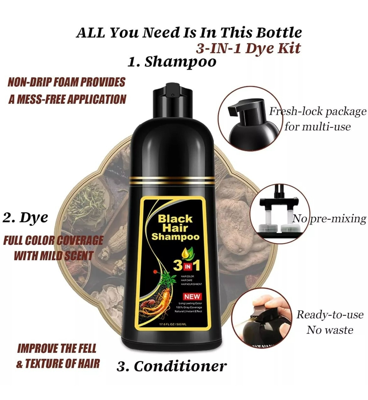 Black, Dark Brown Hair Dye Shampoo Instant 3 in 1 +100% Grey Coverage NEW SEALED