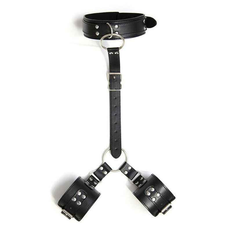 PU Leather Arm Behind Back Restraint Bondage Neck Collar Handcuffs Wrist Slave