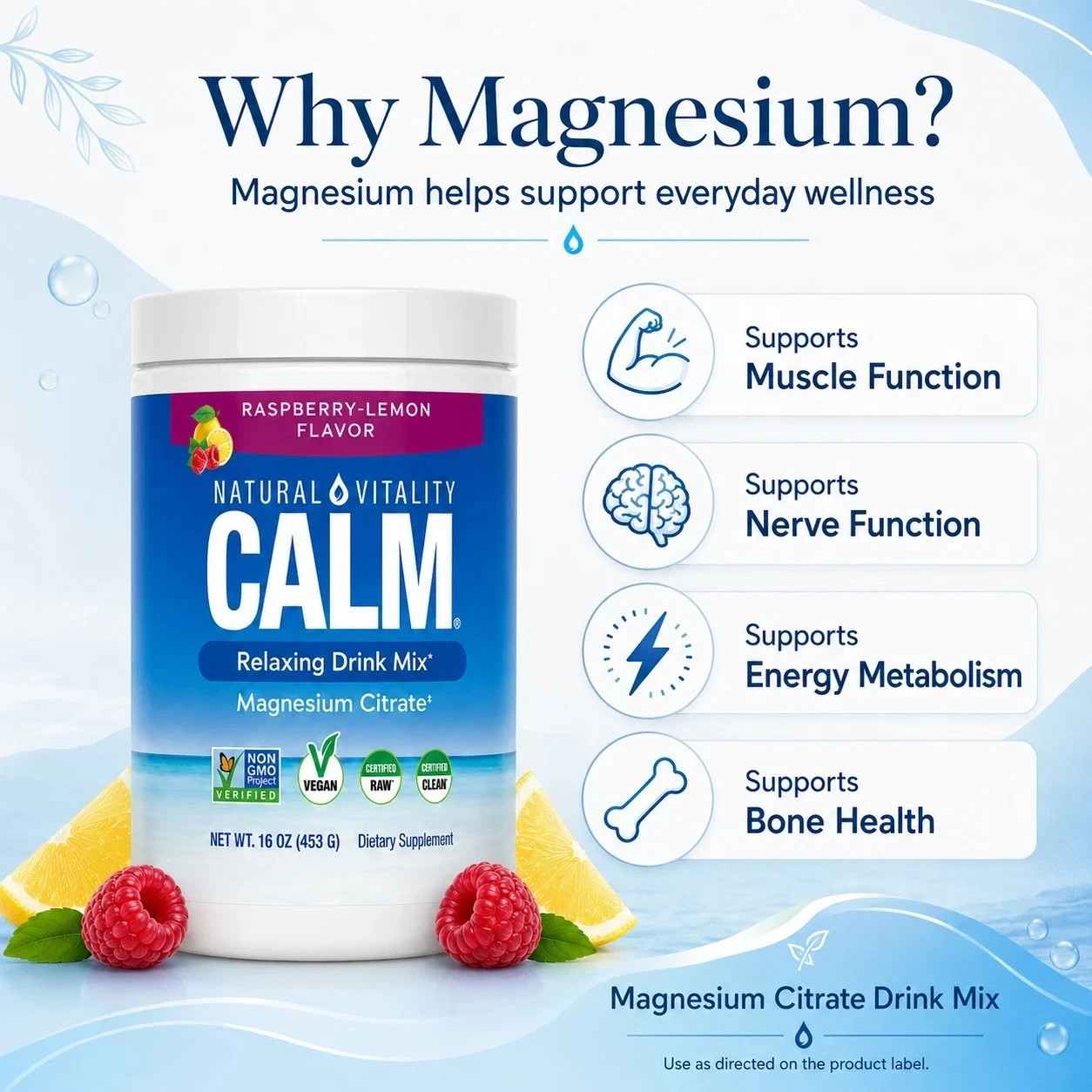 Natural Vitality Calm Magnesium 16oz Powder | Raspberry Lemon Flavored Suppleme