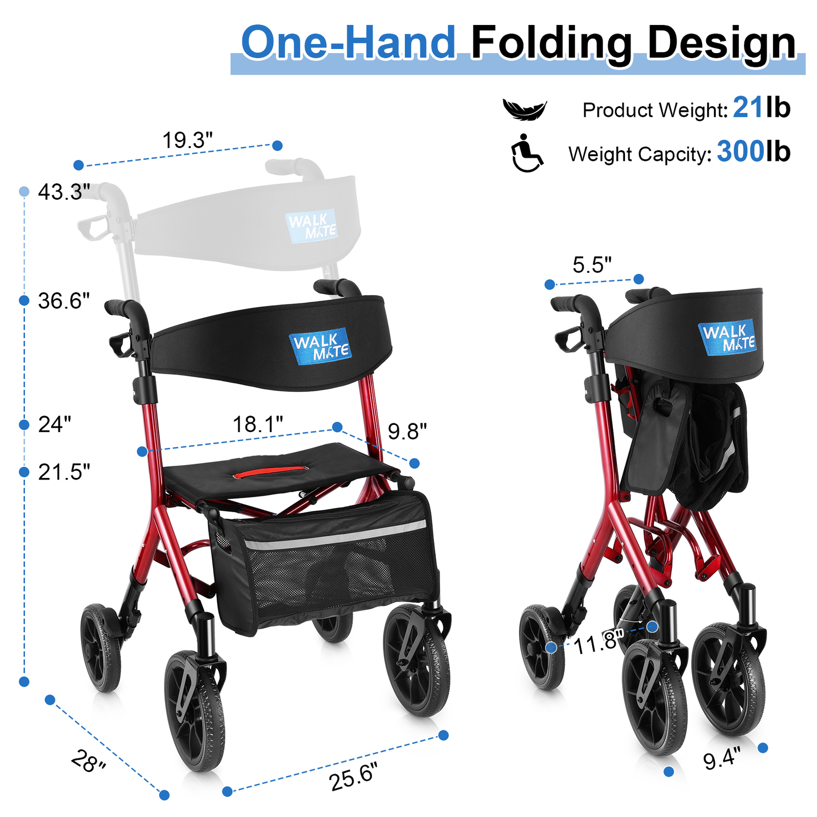 Heavy Duty Folding 300lb Rolling Wide Seat Rollator Walker With 4 Wheels Red USA