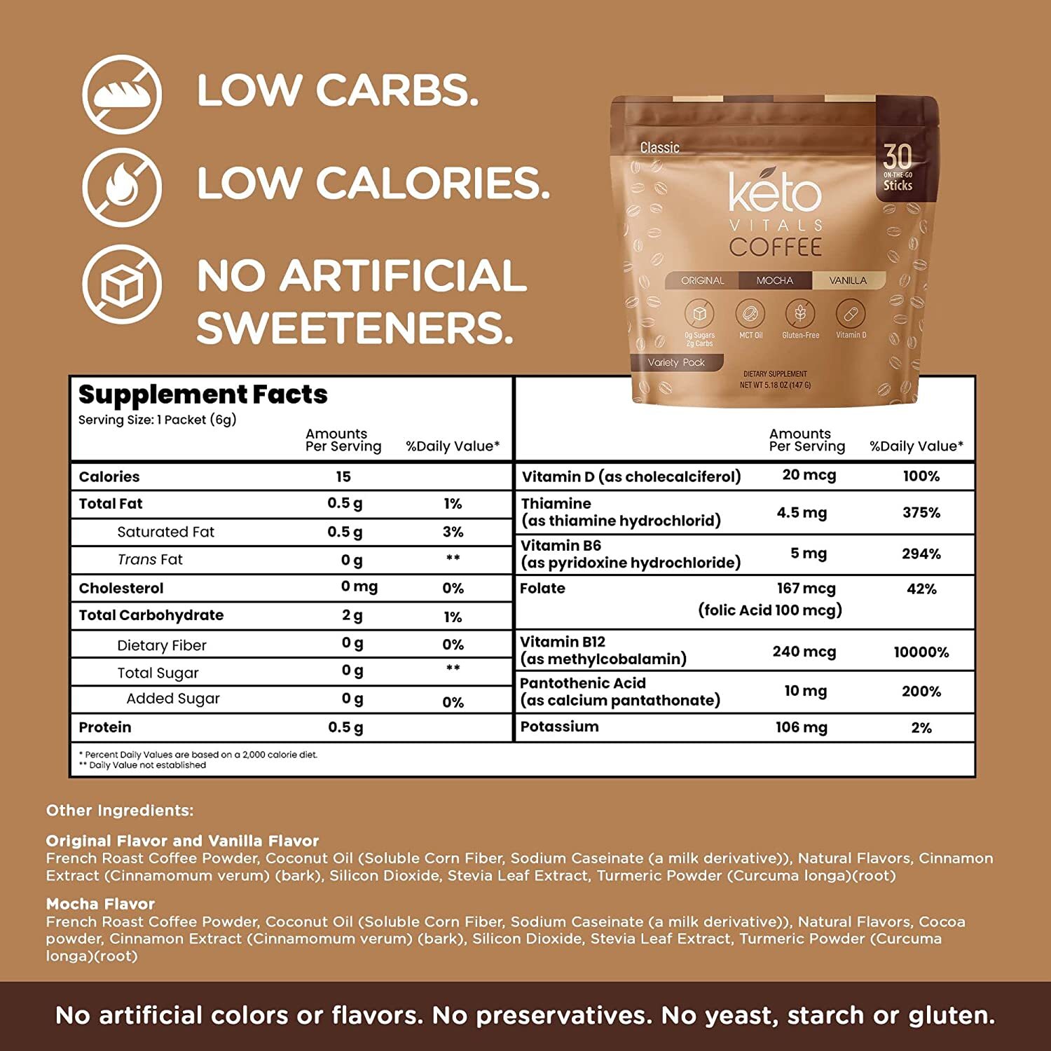 Keto Vitals Instant Keto Coffee Powder Sweetened Instant Coffee Packets 30 Count