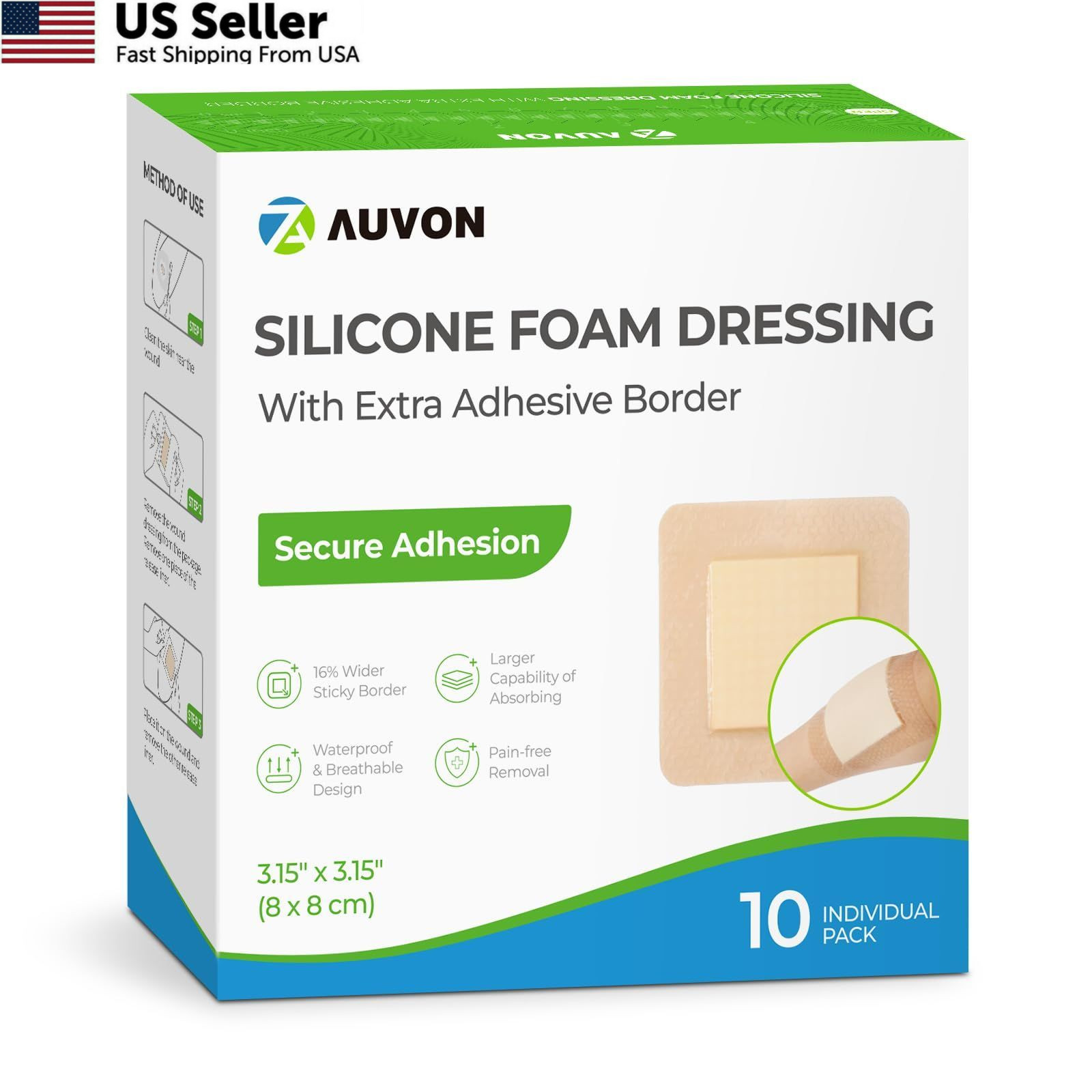 AUVON Silicone Foam Dressing Border Wound Bandage Pads High Absorbent 10-Pk USA
