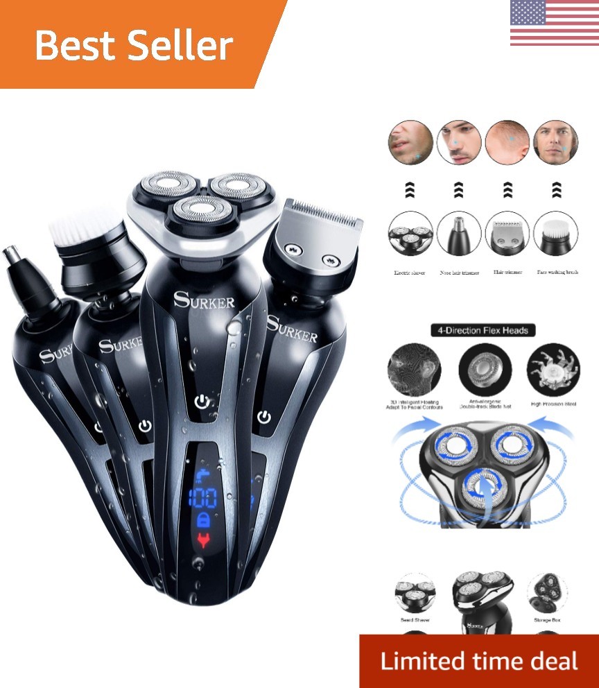 USB Rechargeable Electric Shaver with Facial Brush & Nose Trimmer for Men