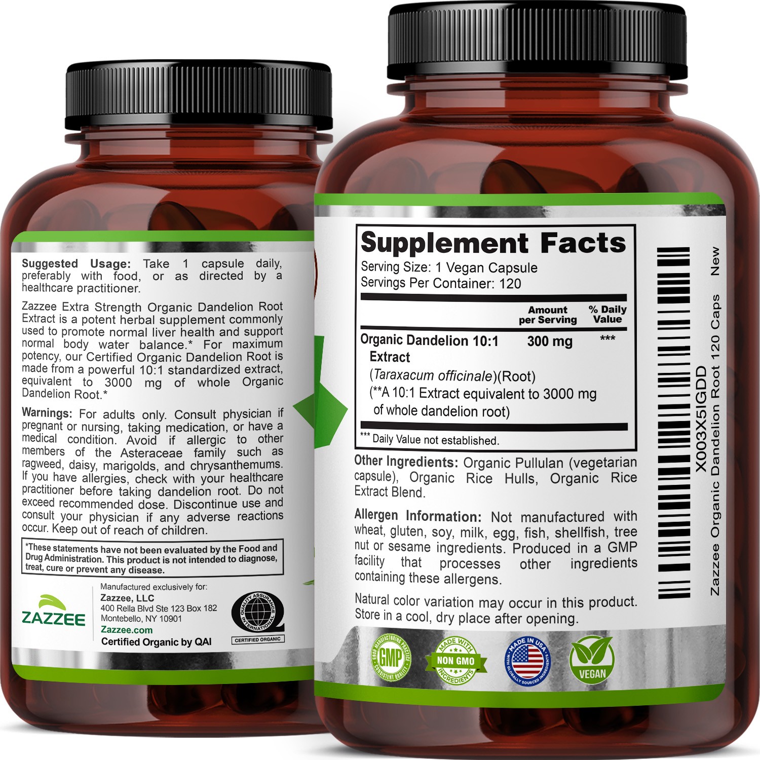 Zazzee USDA Organic Dandelion Root 10:1 Extract, 3000 mg Strength, 120 Capsules