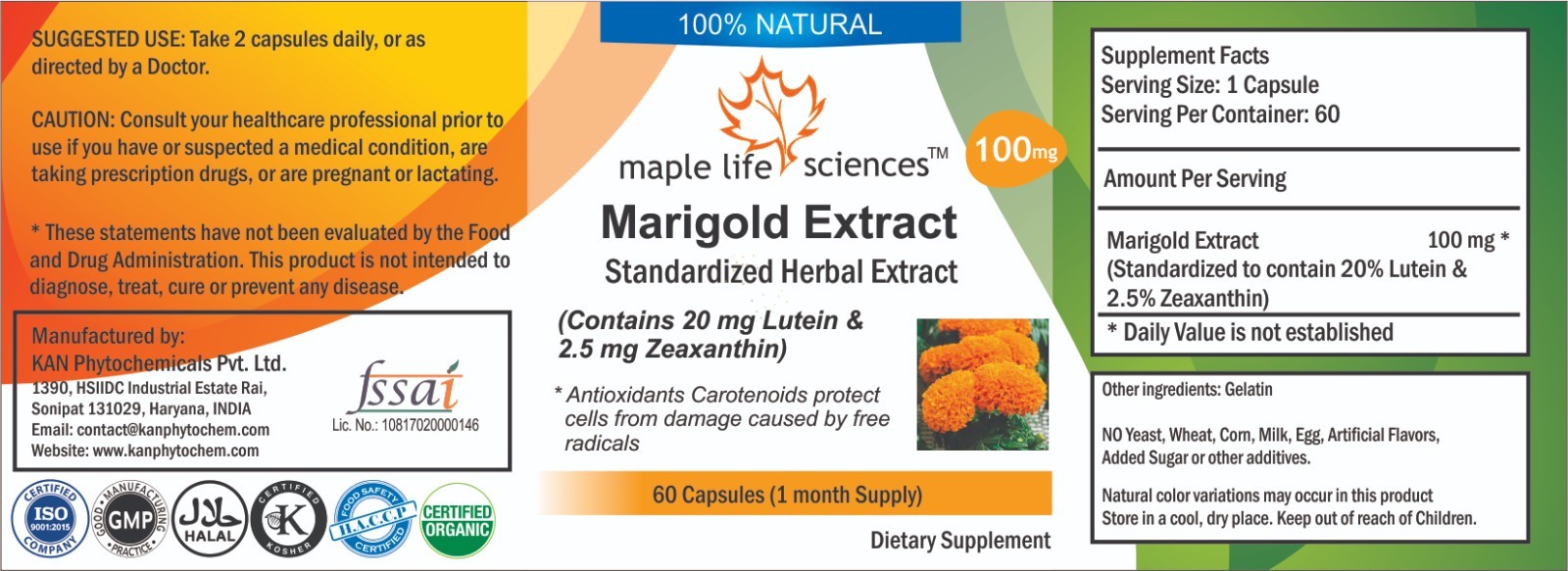Marigold Extract Capsules 20% Lutein with Zeaxanthin Pure & High Quality