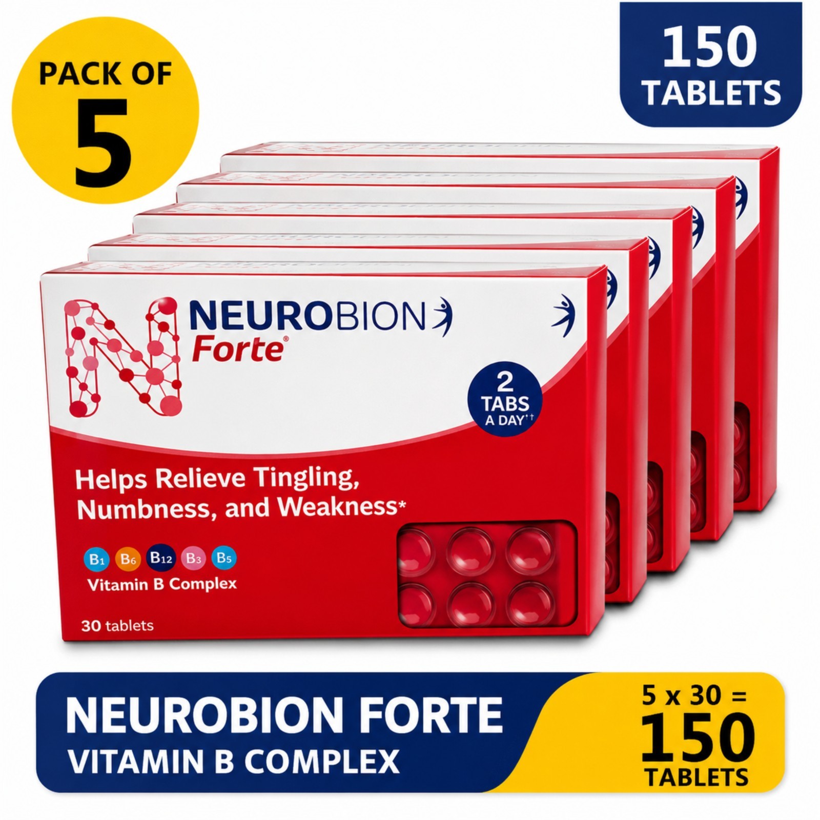 Neurobion Forte Vitamin B Complex Pack of 5 x 30 Tabs 150 Tablets B1 B6 B12