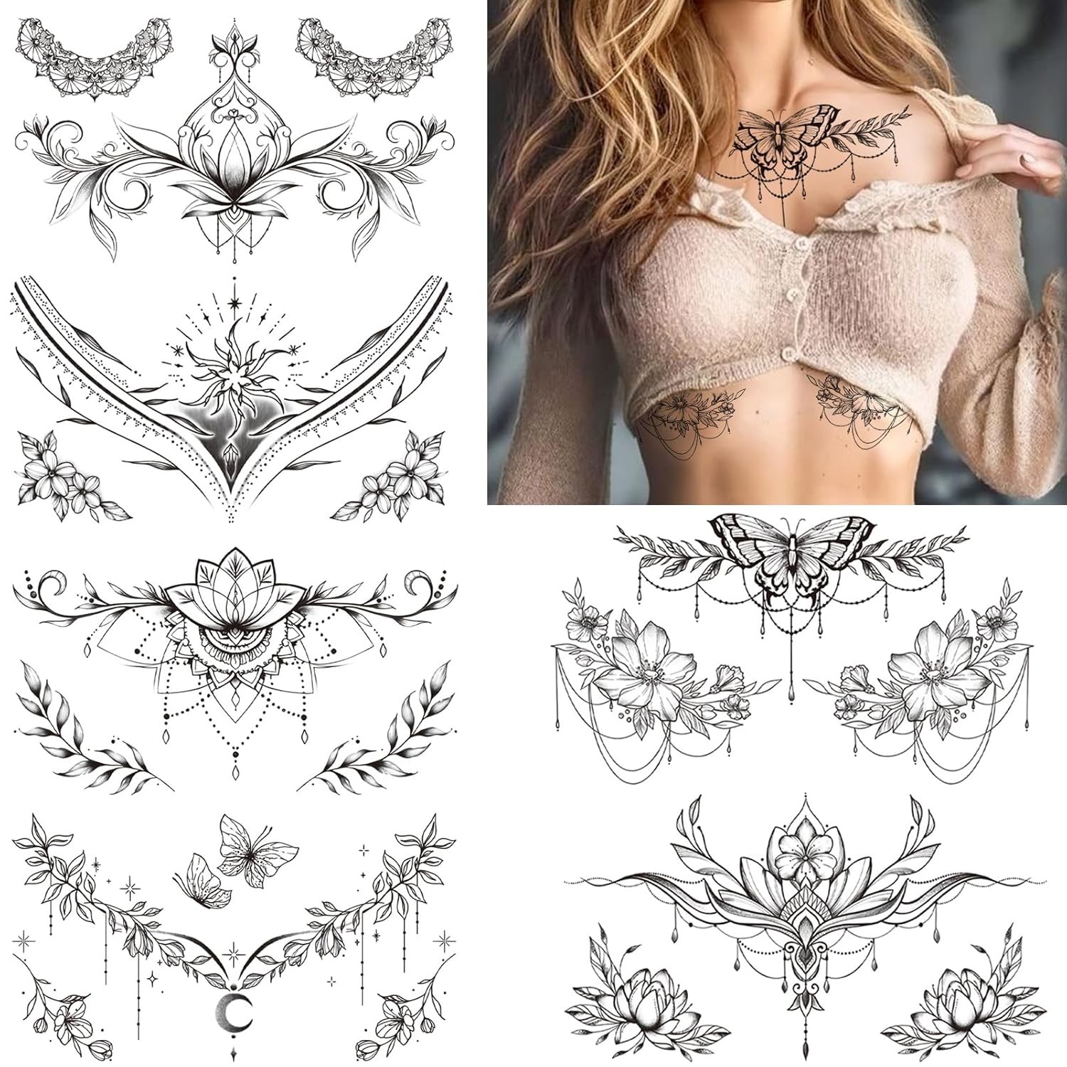 10 Sheets Large Black Flower Chest Underboob Temporary Tattoos for Women & Waist