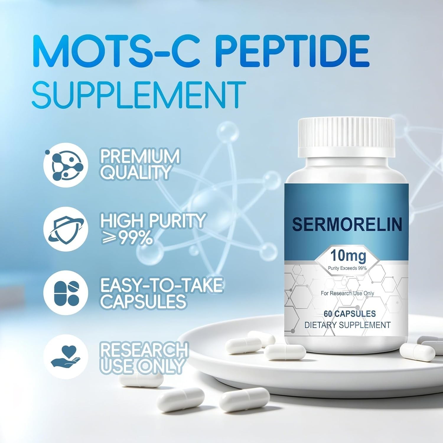 Sermorelin Research Peptide, 10MG Research Grade Capsules, 99% Purity-60 Cap US