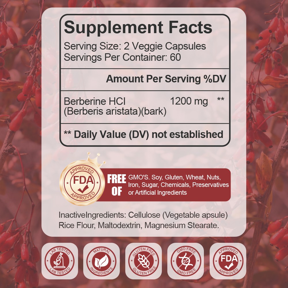 120 Premium Berberine HCL High Potency Anti-inflammatory,Blood Sugar Support