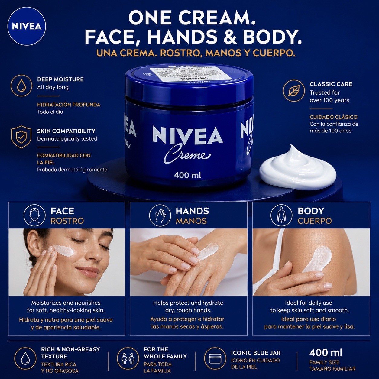 IMPORTED MEXICO 🇲 NIVEA Creme 400ml Glass Jar Family Size Cream Face Body Hands