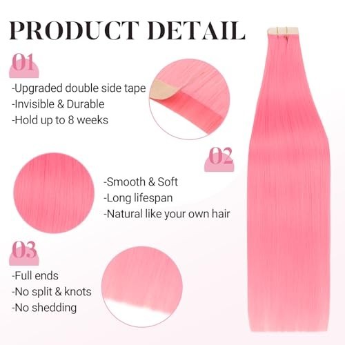 24″ Light Pink Tape-In Hair Extensions – 10pcs 30g Remy Human Hair, Silky Straig