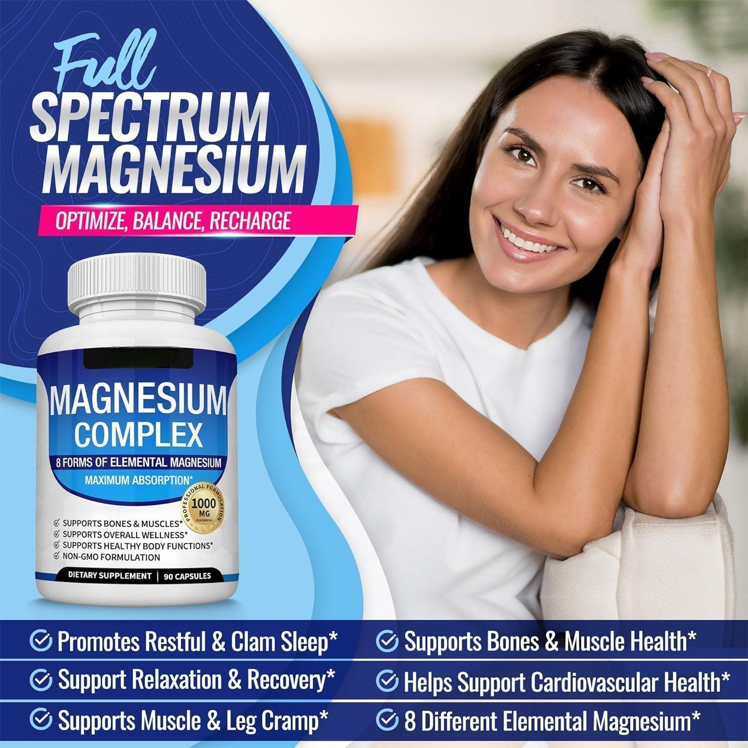Magnesium 1~5x 8 in 1 Complex 1000mg & Blood Sugar Blend Supplement Combo
