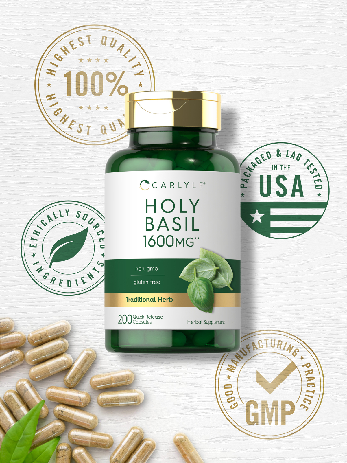 Holy Basil Capsules 1600mg | 200 Count | Leaf Extract Supplement | by Carlyle