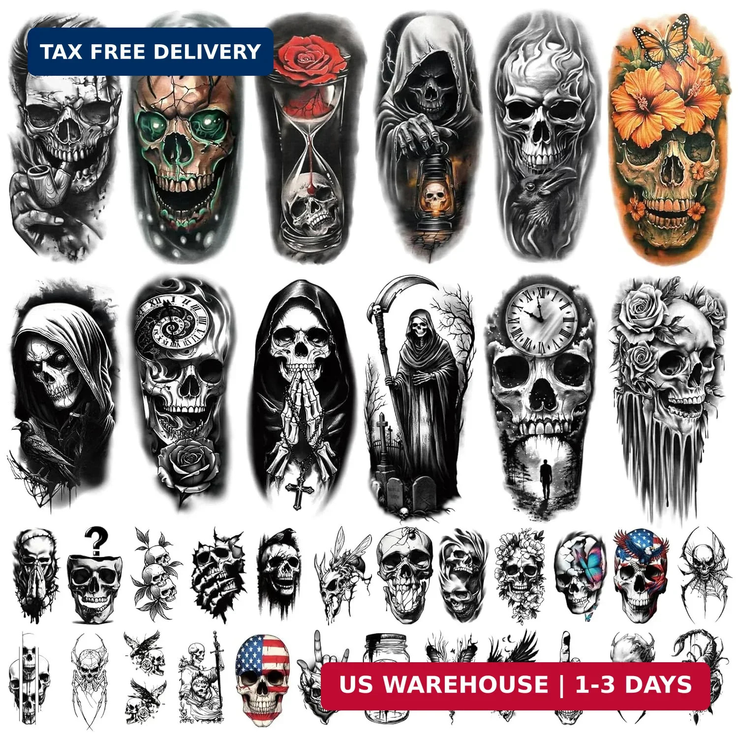 77 Sheets Skeleton Skull Temporary Tattoo for Women Men, 17 Sheets Half Arm Larg