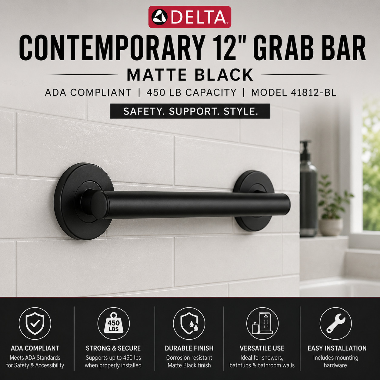 Delta Contemporary 12 in Straight Grab Bar Matte Black ADA 41812-BL