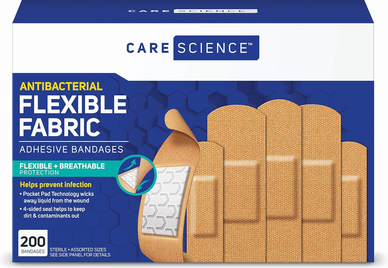 Care Science Fabric Adhesive Bandages, 200 Ct Bulk Assorted Sizes | Flexible + B