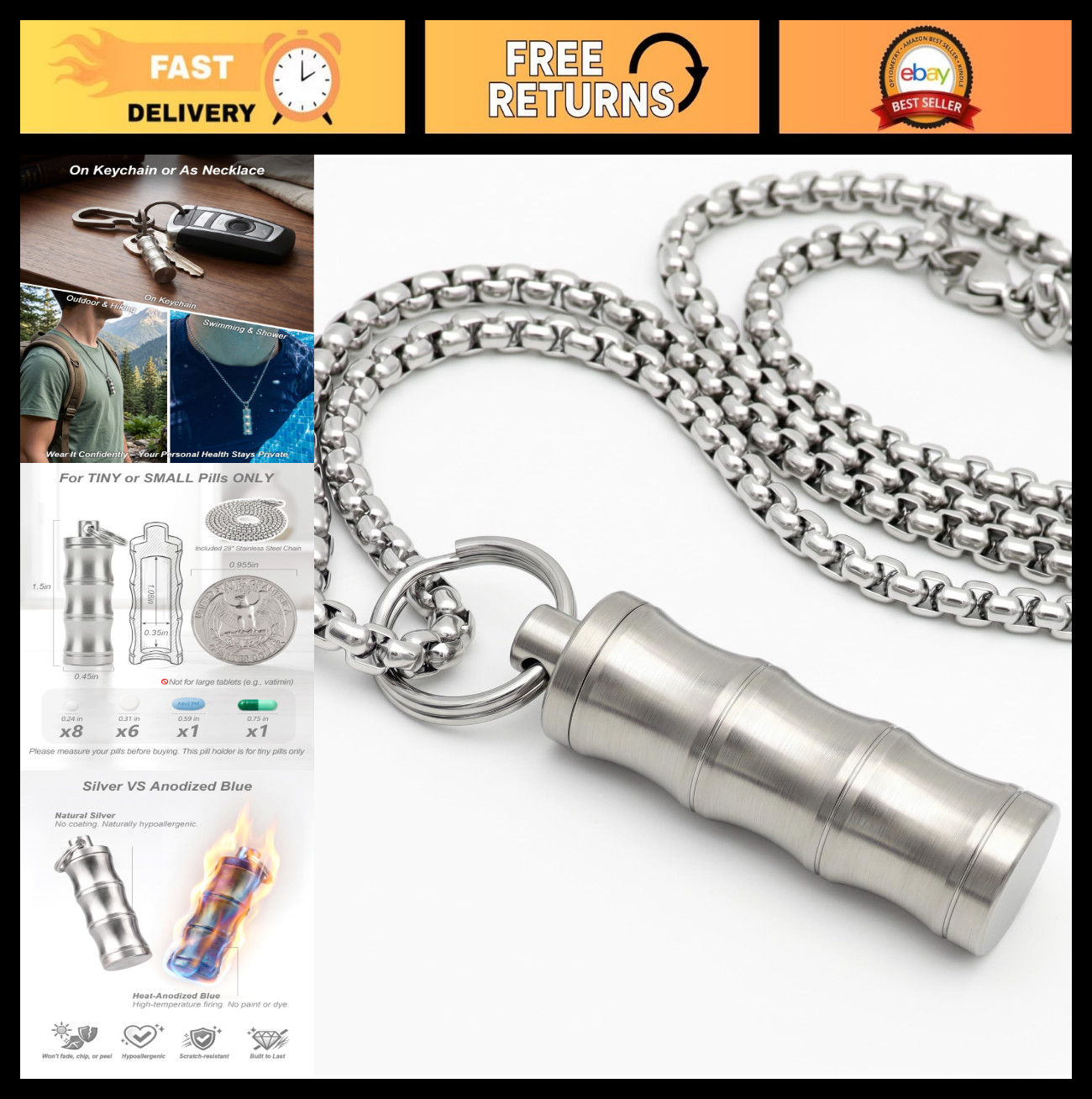 Waterproof Titanium Pill Holder Necklace | Mini Keychain Pill Container Case