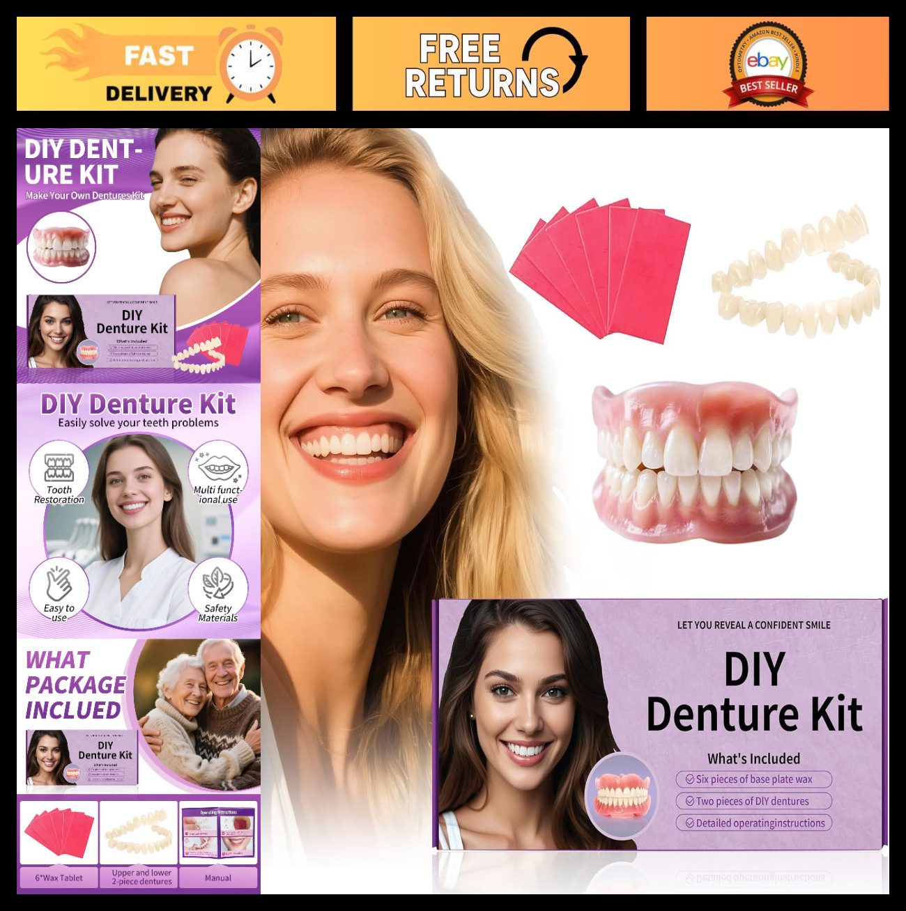 DIY Denture Kit – Complete Upper & Lower False Teeth for At-Home Smile Makeover