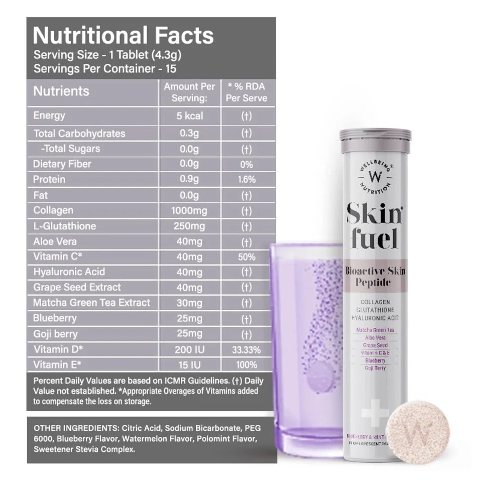 Wellbeing Nutrition Skin Fuel Glutathione 15 Effervescent Tablets for Skin, Radi