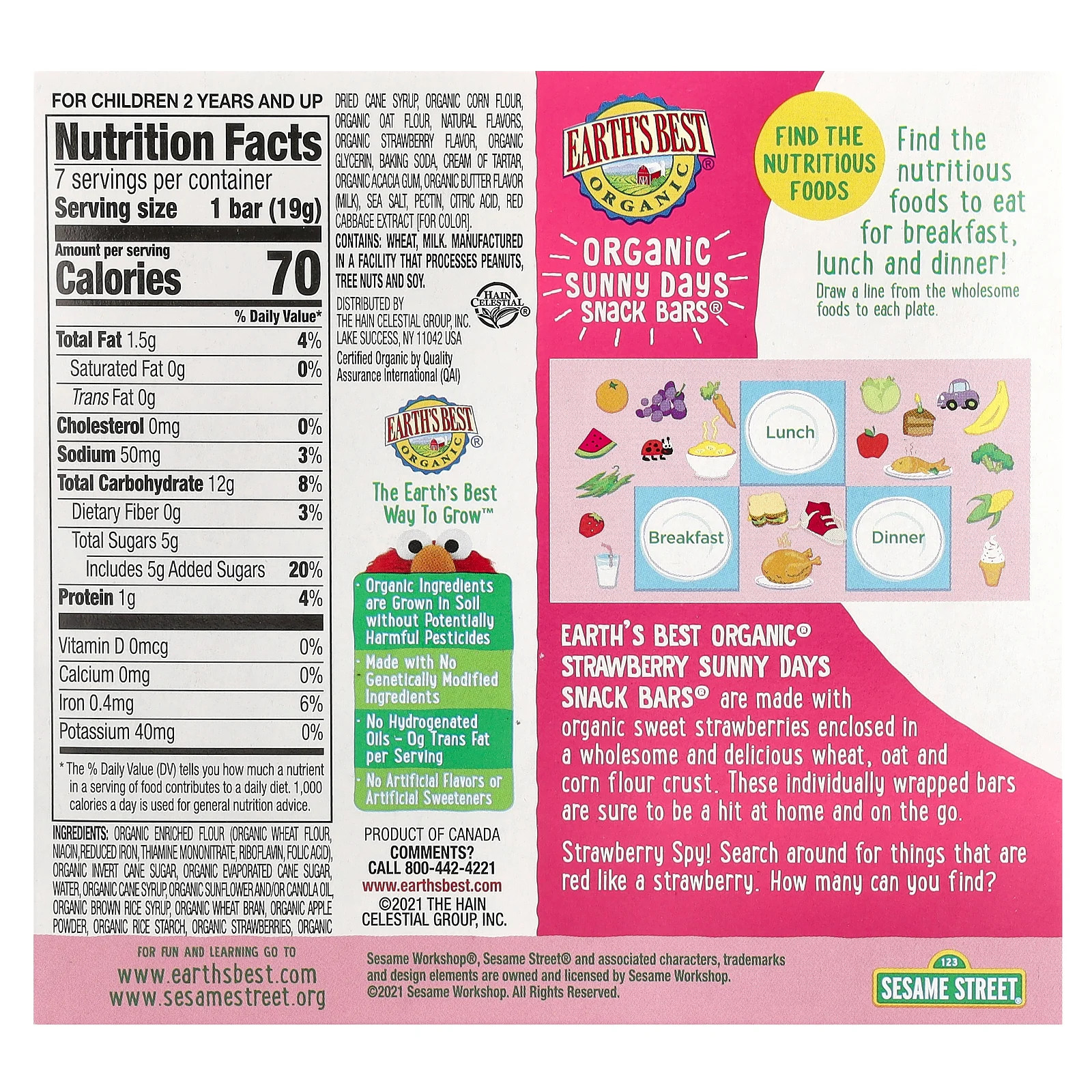 Organic Sunny Days Snack Bars, For Ages 2 Years and Up, Strawberry, 7 Bars, 0.67