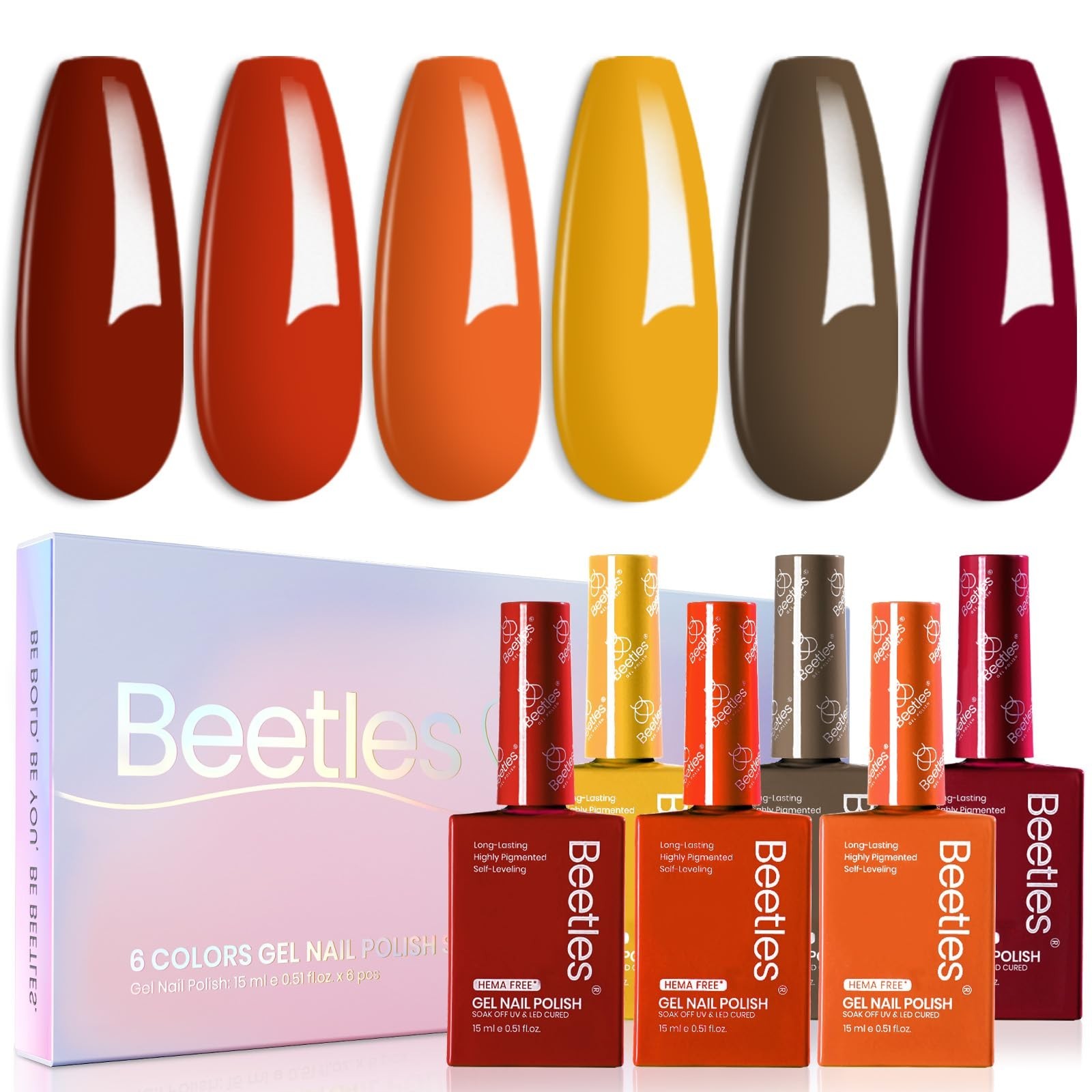6 Colors Hema-Free Gel Polish Set – 15ML Burgundy Brown Red Yellow Orange, Soak