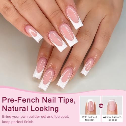 168pcs French Tip Press on Nails Long Square Fake Nails Nude Pink Color-A