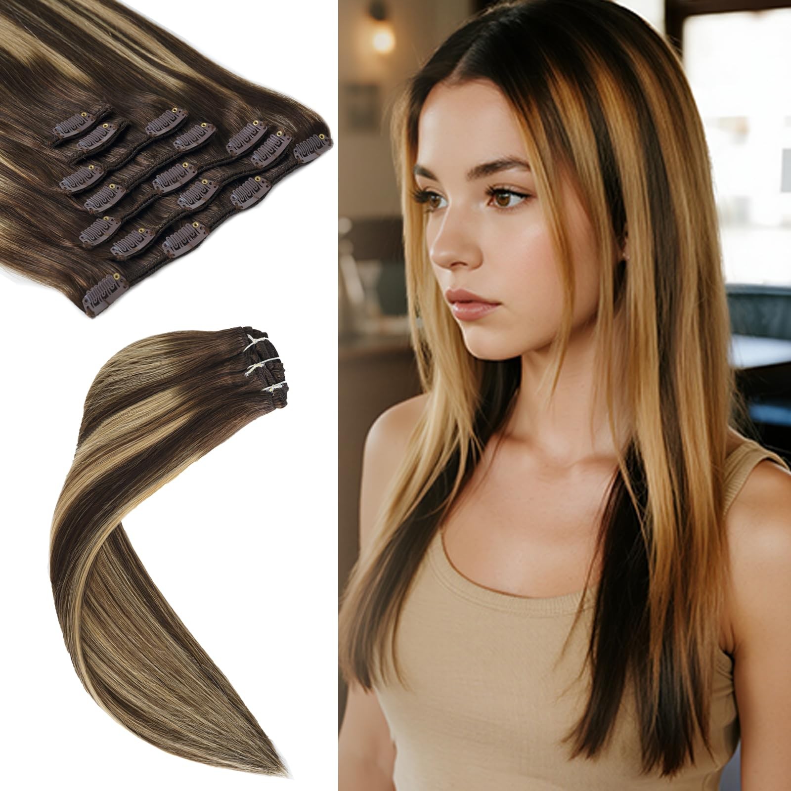 Luxetress Clip In Hair Extensions Real Human Hair 22 Inch 120G 7Pcs Remy