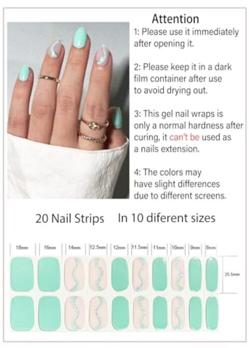 UV Gel Nail Stickers Strips 20pcs Semi Cured Gel Nail Strips, Wraps Mint Green