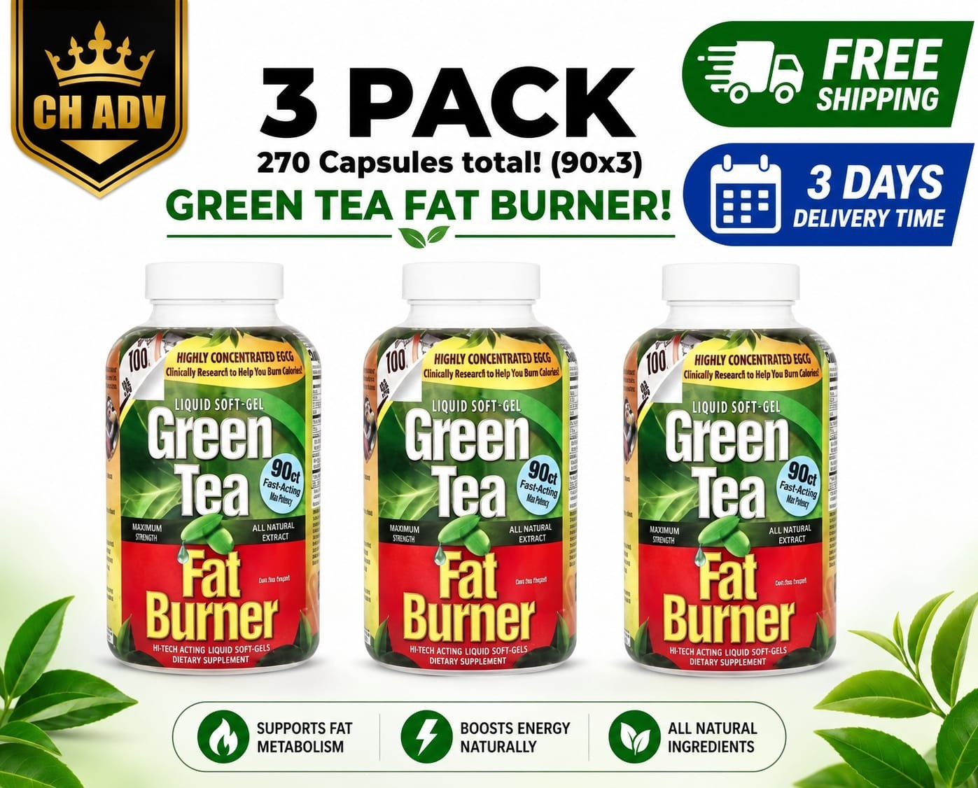 Applied Nutrition, Green Tea Fat Burner, 3 PACK, 90 Fast-Acting Liquid Soft-Gels