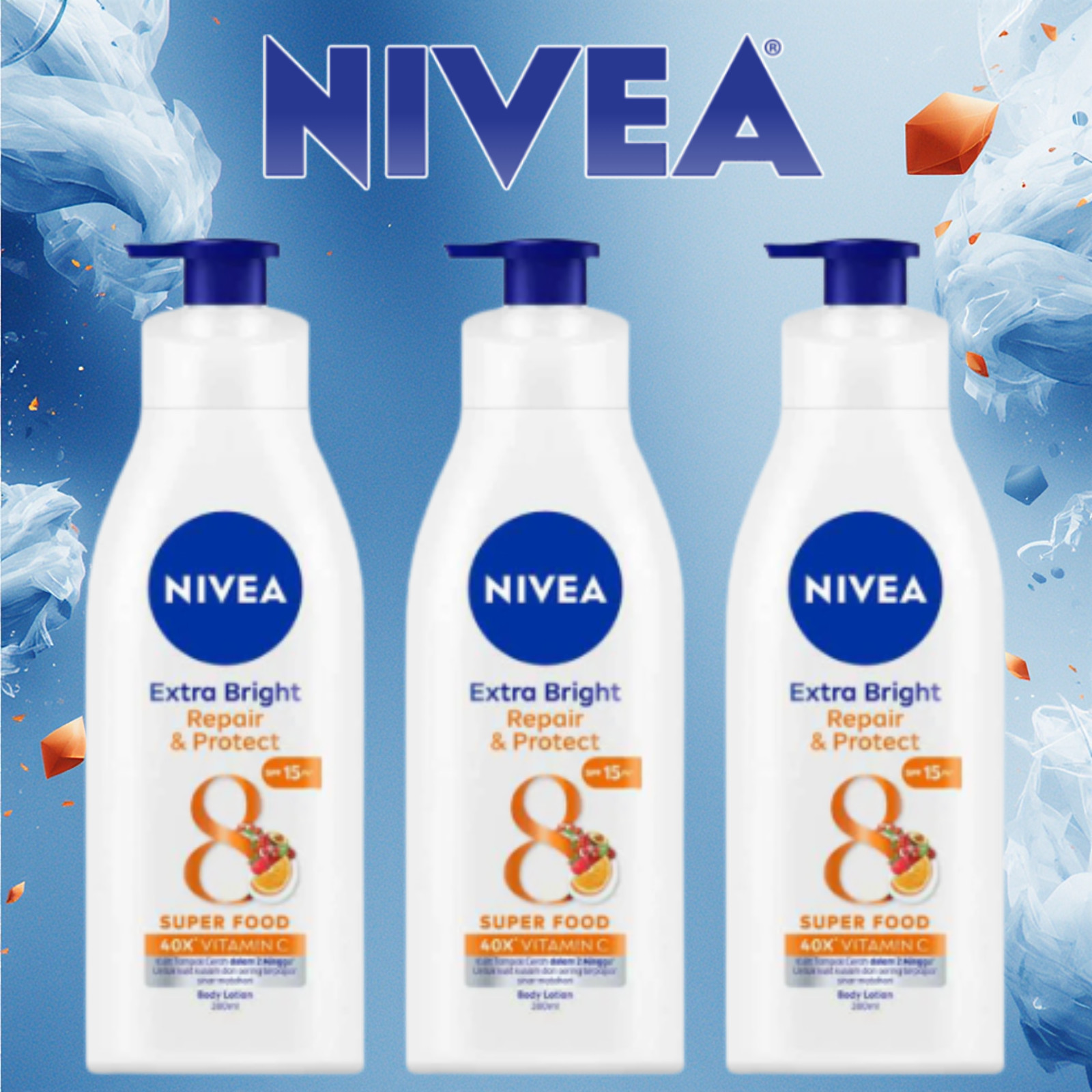 3 Pack Nivea Extra Bright Repair Protect Body Lotion SPF15 380ml