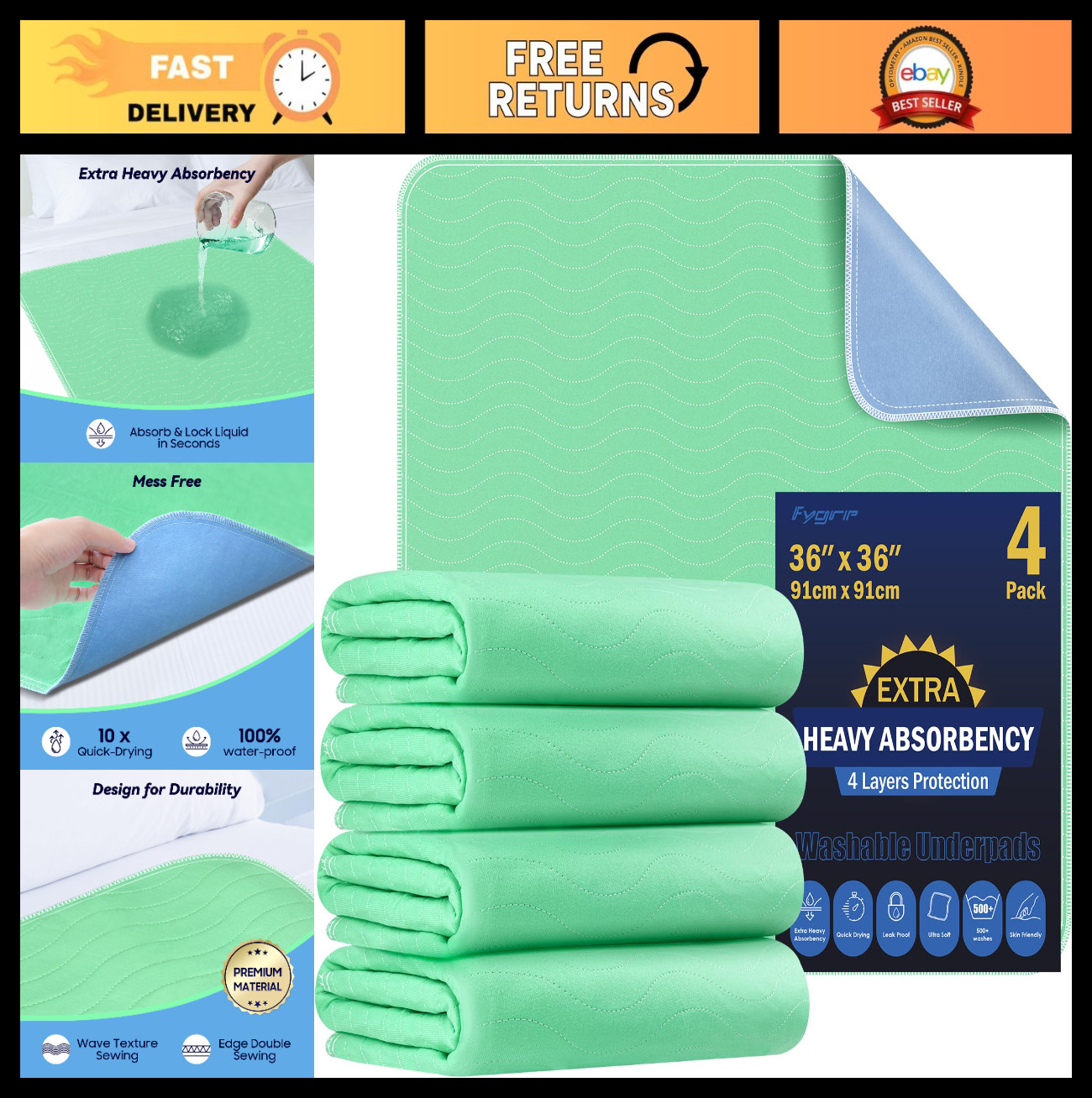4 Pack Extra Heavy Absorbent 36″x36″ Waterproof Washable Underpads for Dogs & Ad