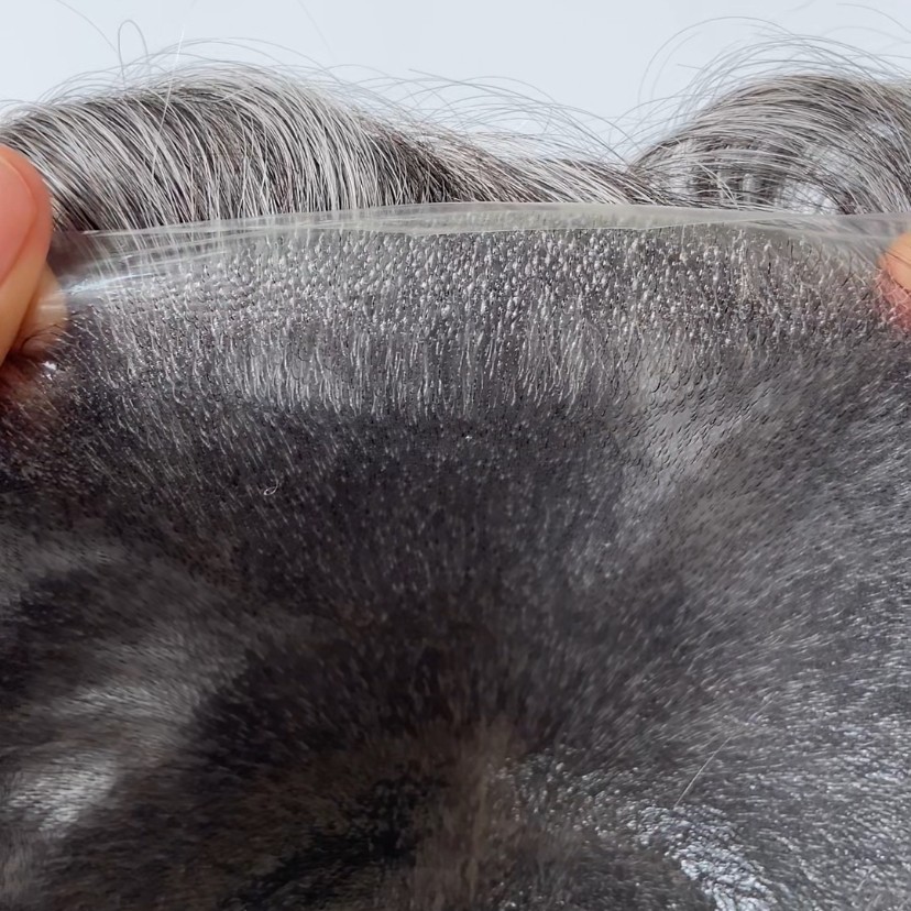 Mens Human Hair Replacement System Ultra Thin Skin Toupee 8×10 V-Loop Grey #1B50