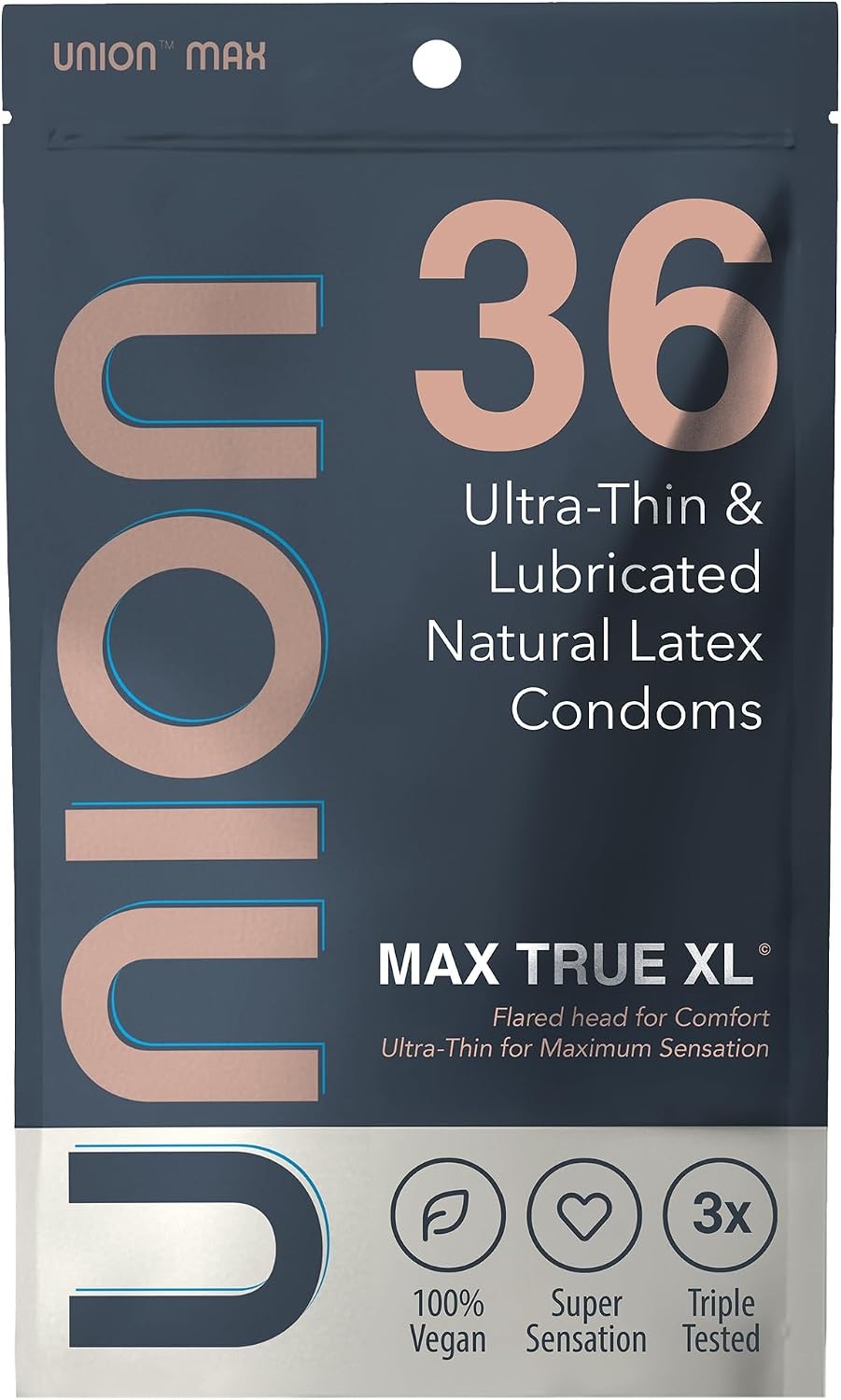UNION Max XL Condoms 60mm 36 Count Ultra Thin Vegan Natural Latex Large Fit