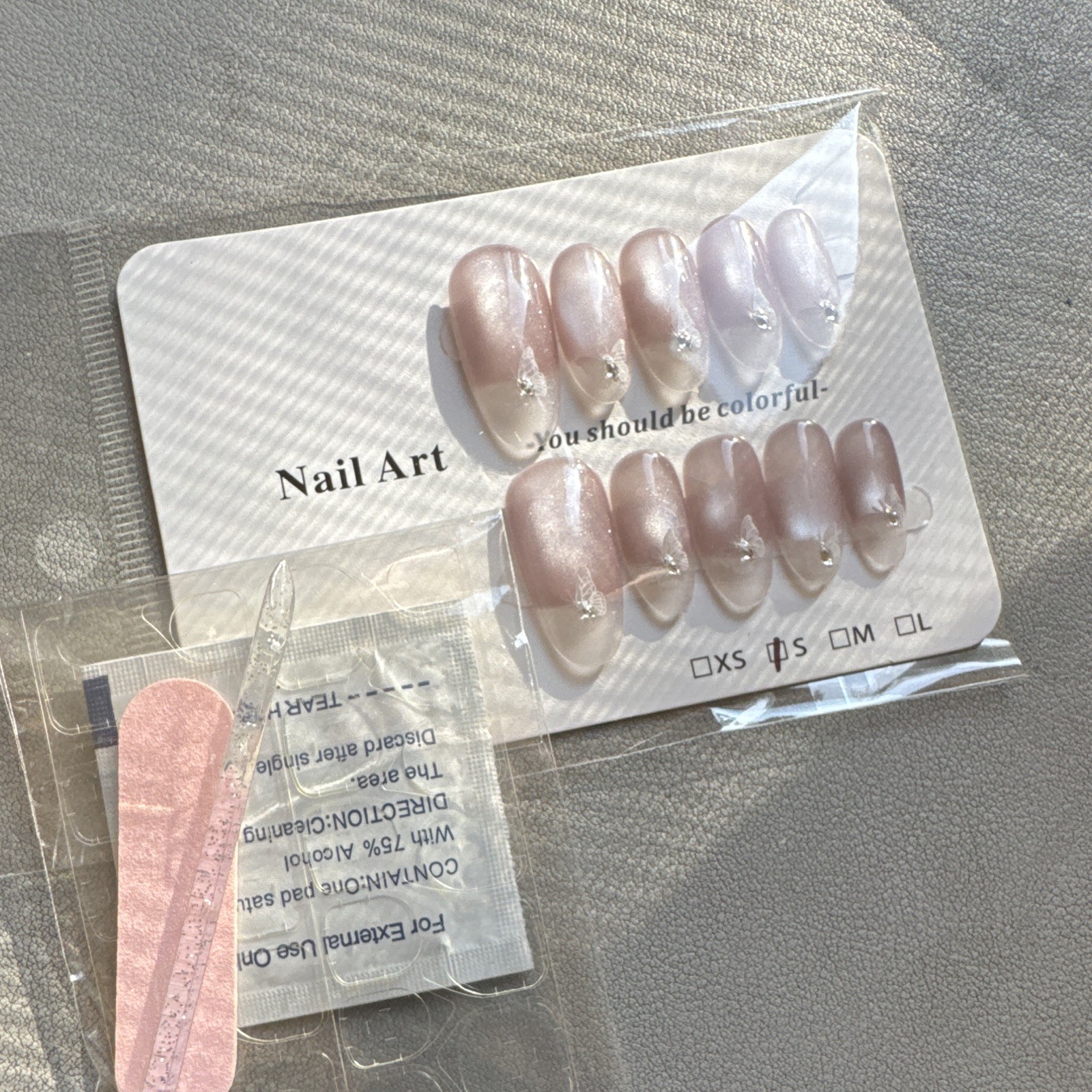 Press-On Nails Medium Almond Pink/White Butterfly Theme French Shiny Full Cover
