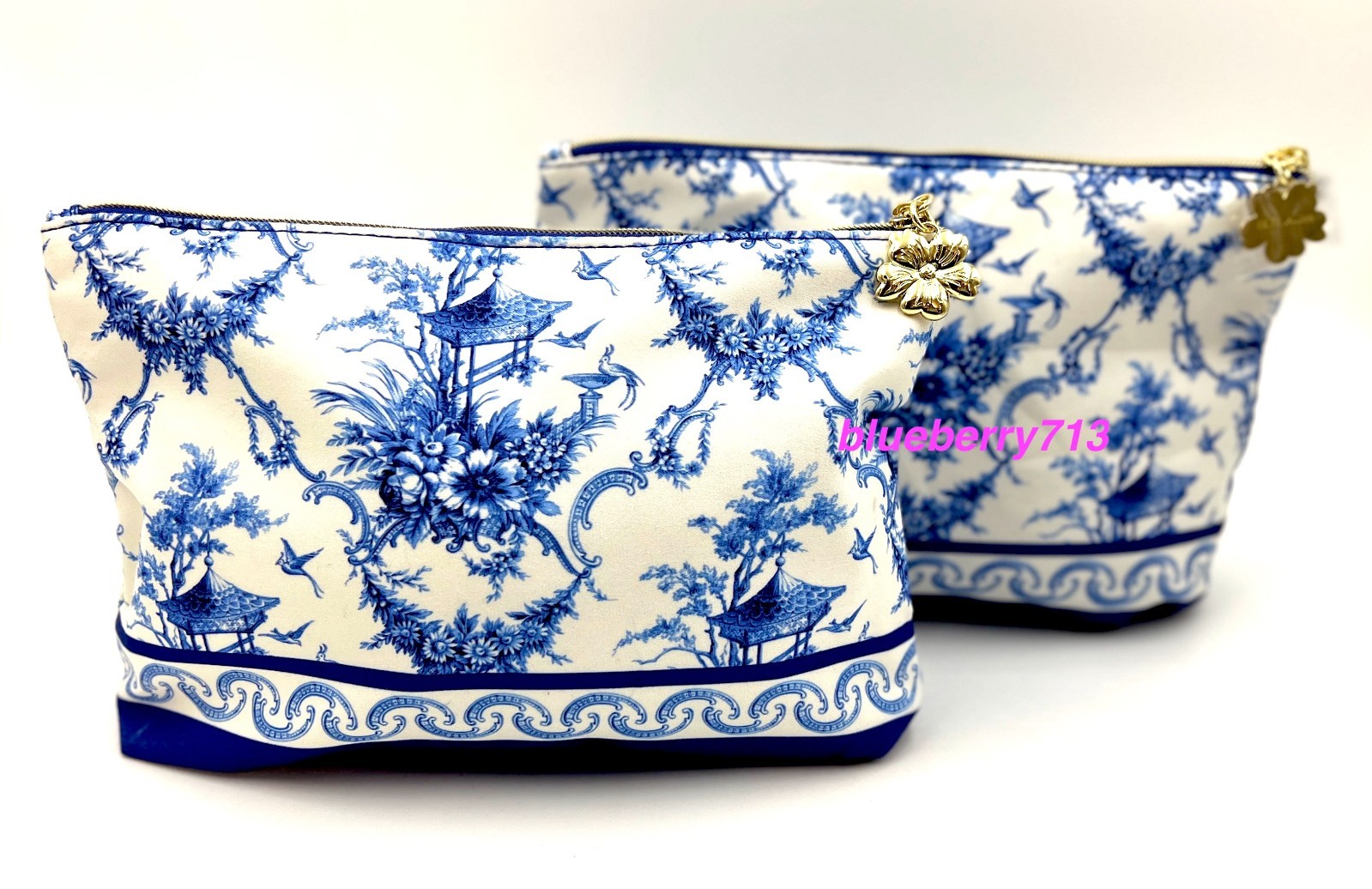 2 Bags: Estee Lauder Blue Flower , Bird Print Makeup Bag with Zipper